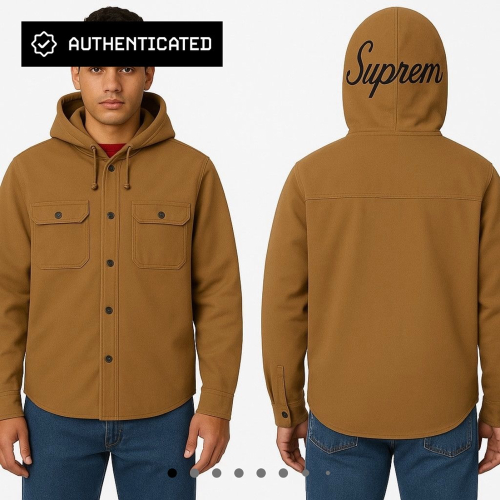 Men's Supreme Twill Multi Pocket Hooded Jacket Size L Brown Tan